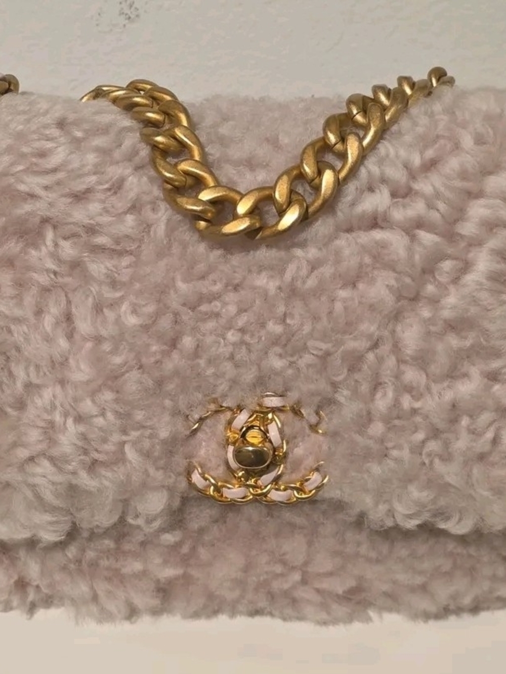 CHANEL 19 Medium Pale Pink Shearling Flap Bag with Gold Chain
